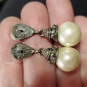 Contemporary Marcasite and faux pewrl drop earings for pierced ears silvertone